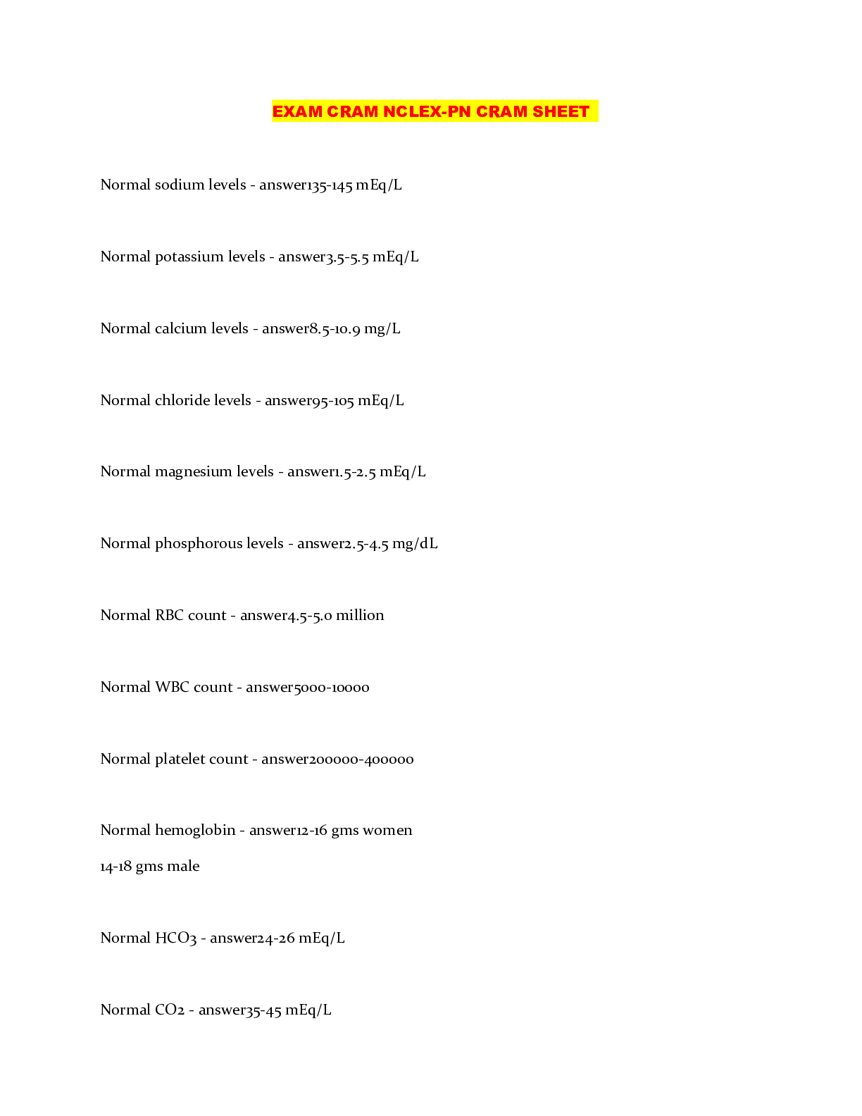 Preview image of EXAM CRAM NCLEX-PN CRAM SHEET document